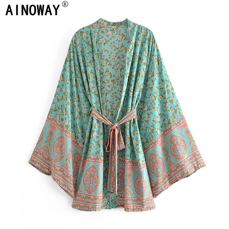Kimono Vintage bohemio con muchas flores para mujer, con mangas de murciélago y cuello de pico, de rayón, corto