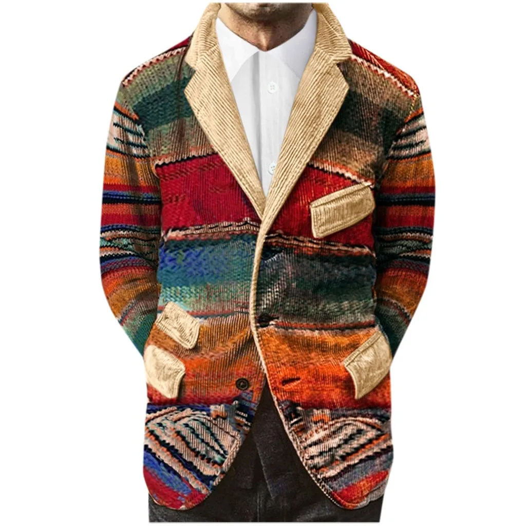 Мужская куртка в стиле пэчворк, вечерние, бизнес стиль, градиентный принт, пуговицы, карманы, вельветовый костюм, пальто, куртки, Chaqueta Hombre
