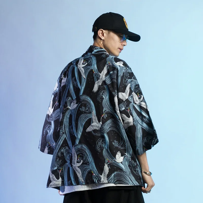 Japanese Kimono Cardigan Hawaiian Shirt Men Clothes Japanese Streetwear Extra Long Chinese Male Shirt Cool Blouse Male Kimono Cardigan AZ2003
