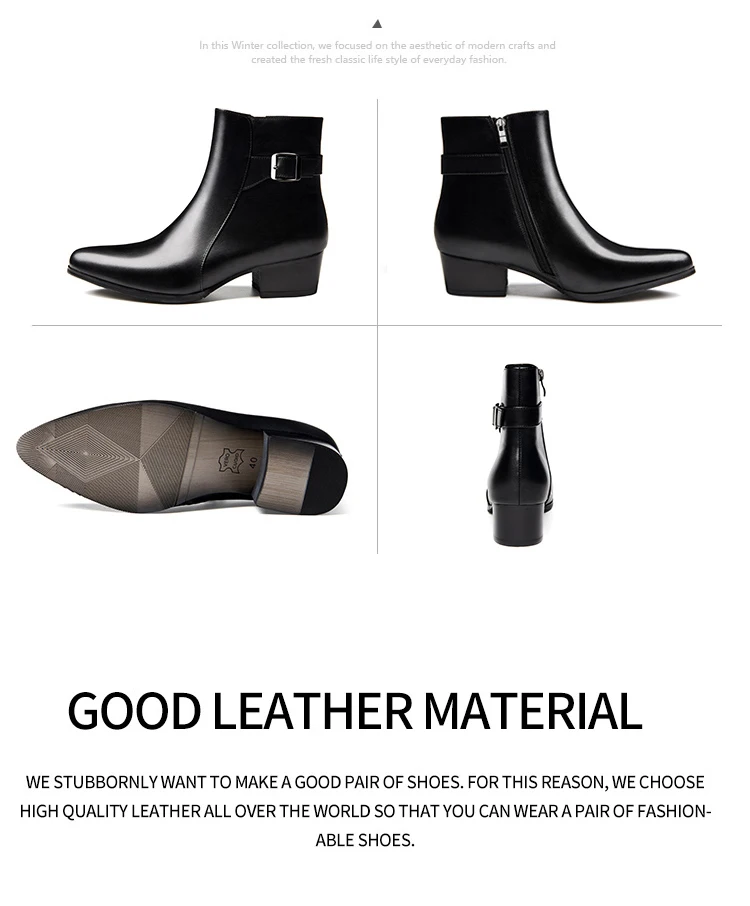 Genuine leather Boots High heels Men's Pointed Toe Boots Cow Leather Tip Shoes British Zipper Mens Boots size 36-47