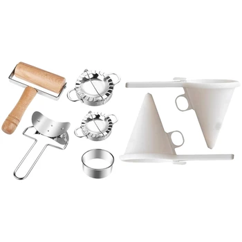 

2pcs Stainless Steel Press Dumpling Wrapper Maker & 2Pcs Adjustable Icing Candy Funnel Chocolate Pastry Mold