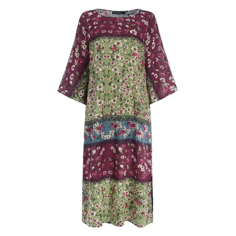 Autumn Vintage Sundress Women Floral Printed Cotton Linen Dress ZANZEA Casual 3/4 Sleeve Robe Vestido Kaftan Tunic Dresses Femme - Цвет: Зеленый