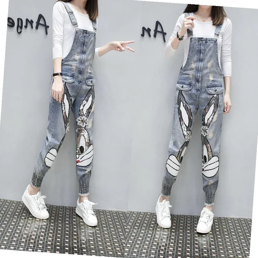 2020 Spring Fashion Cartoon Pattern Sequins Denim Jumpsuit For Women Ripped Hole Casual Loose Overalls 2020 Spring Fashion Cartoon Pattern Sequins Denim Jumpsuit For Women Ripped Hole Casual Loose Overalls