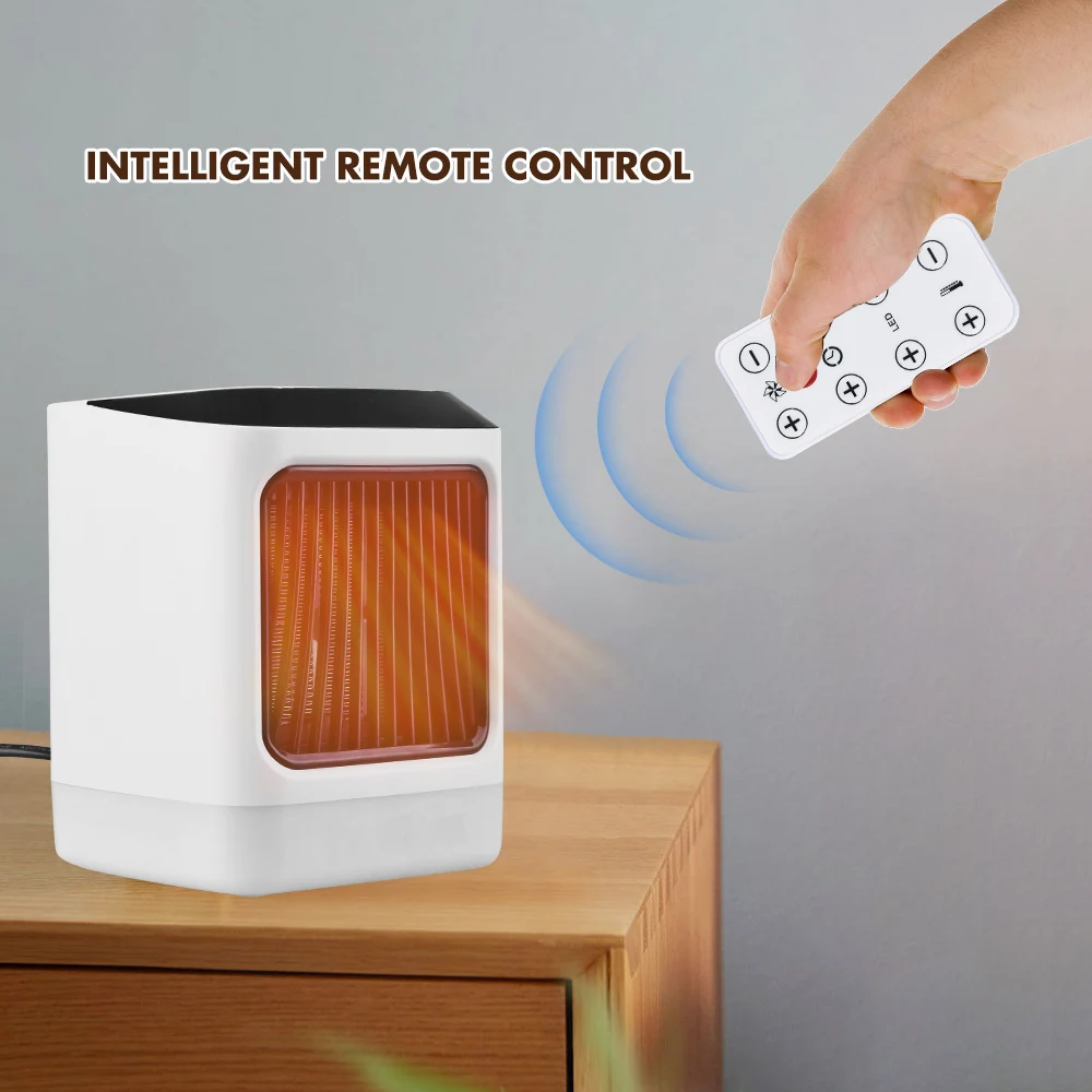

Desktop Mini Portable Electric Heater Fan 2 Wind Speed Setting Remote Control Heater Fan With Colorful Mood Light For Office