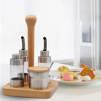 

Kitchen Seasoning Bottle Set with Wooden Rack Translucent Pepper Bottle Holder Tools for Oil Salt Vinegar Soy Sauce Storage