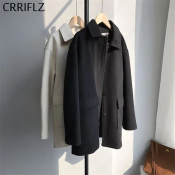 

CRRIFLZ 2020 New Solid Woolen Coat Women Turn Down Collar Winter Casual Woolen Outwear