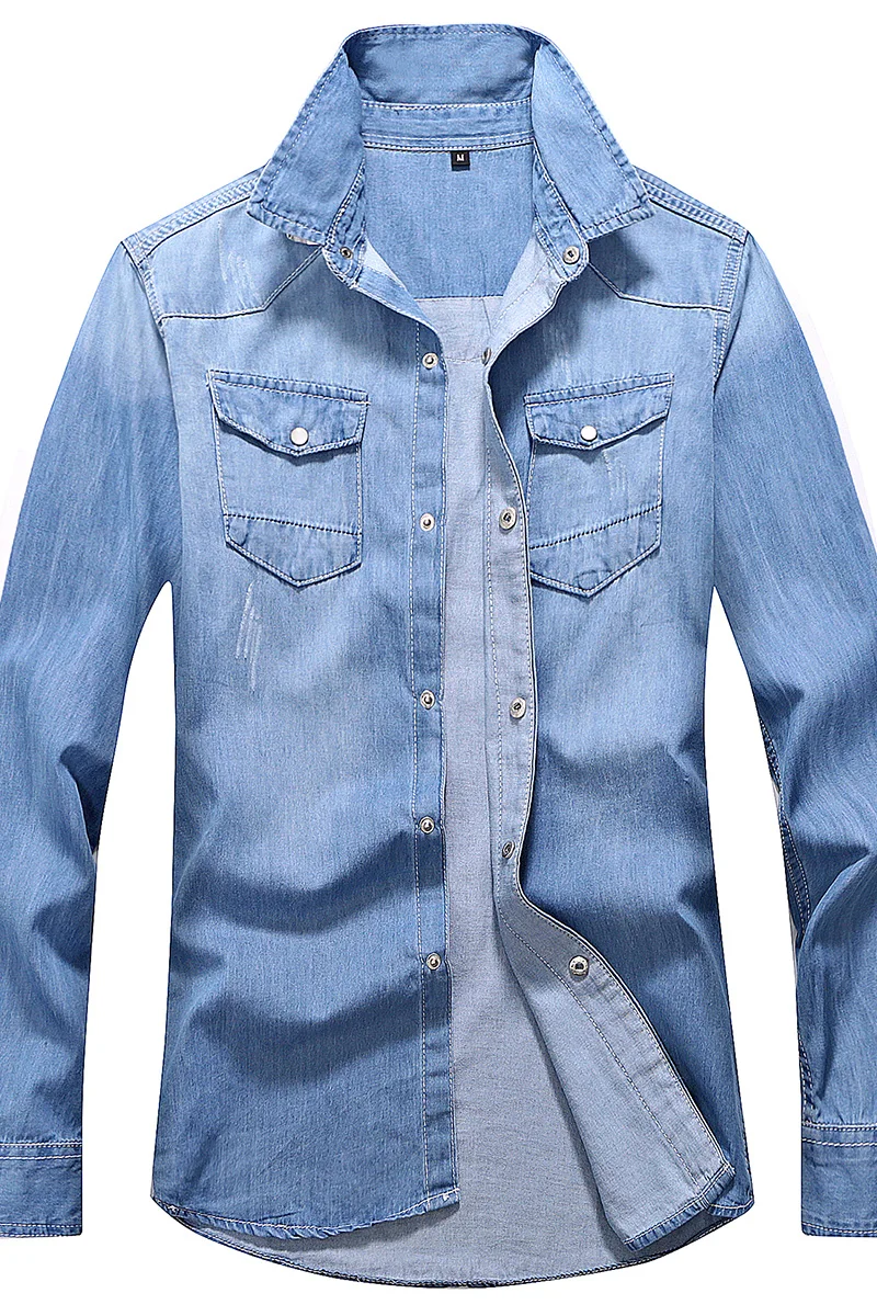 Spring Autumn Leisure time Men Denim Thin Shirt Long Sleeve Soft Two Pockets Slim Slight Jeans Cowboy