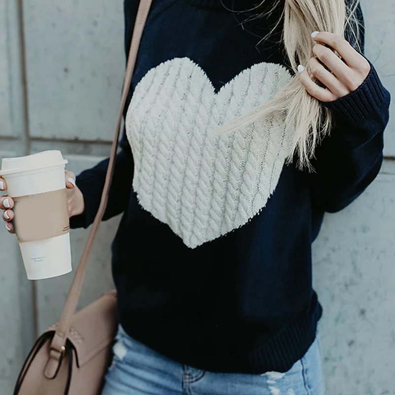 Women Sweater Fashion Loose Long Sleeve Sweaters Vintage College Heart Sweater O Neck Harajuku Sweater Elegant Girl Sweaters