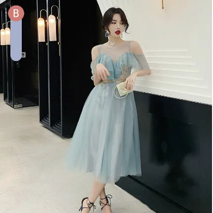 Short Blue B KAUNISSINA, Элегантное коктейльное платье, синие вечерние платья из тюля с аппликацией, платья для выпускного вечера знаменитостей, платье для выпускного вечера, реальные фотографии - Цвет: Short Blue B