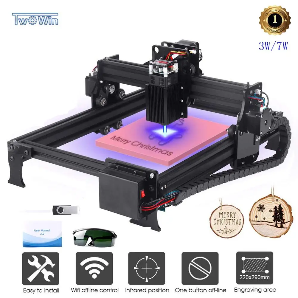 3W/7W Upgrade Laser Engraver CNC Engraving Machine DIY Router Printer Supporting Computer/Offline/Bluetooth Control Area 29*22cm
