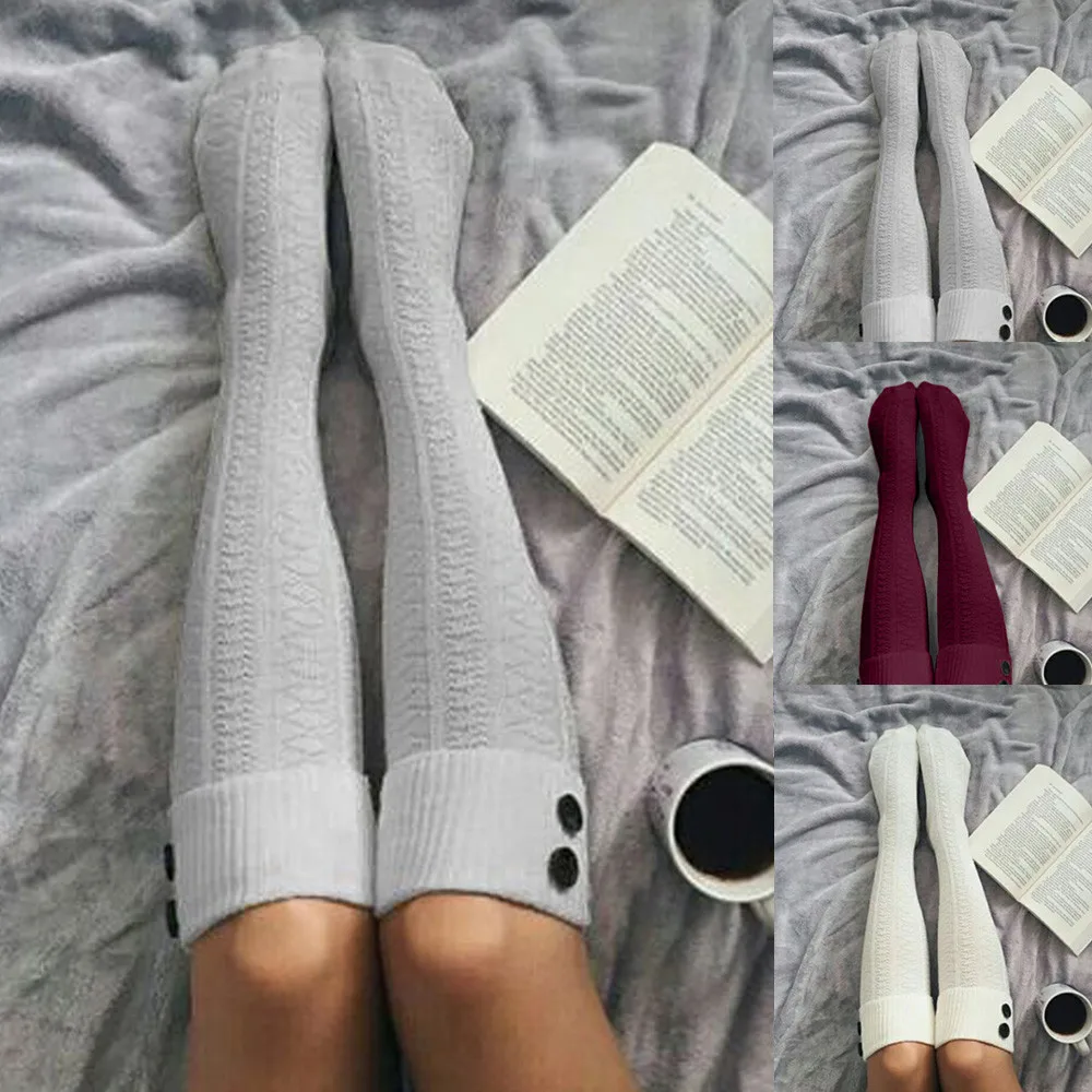 

Simple Button Decorative Knitting Stockings For Girl Student Winter Warm Thigh High Over The Knee Socks Women носки женские Xmas