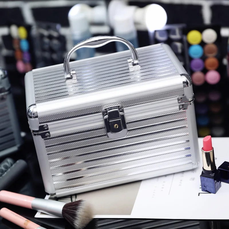 

Fashion Silver Cosmetic Bags Storage Boxes Professional Portable Safe Cosmetics Case Large Capacity Metal for Women Girls Hasp