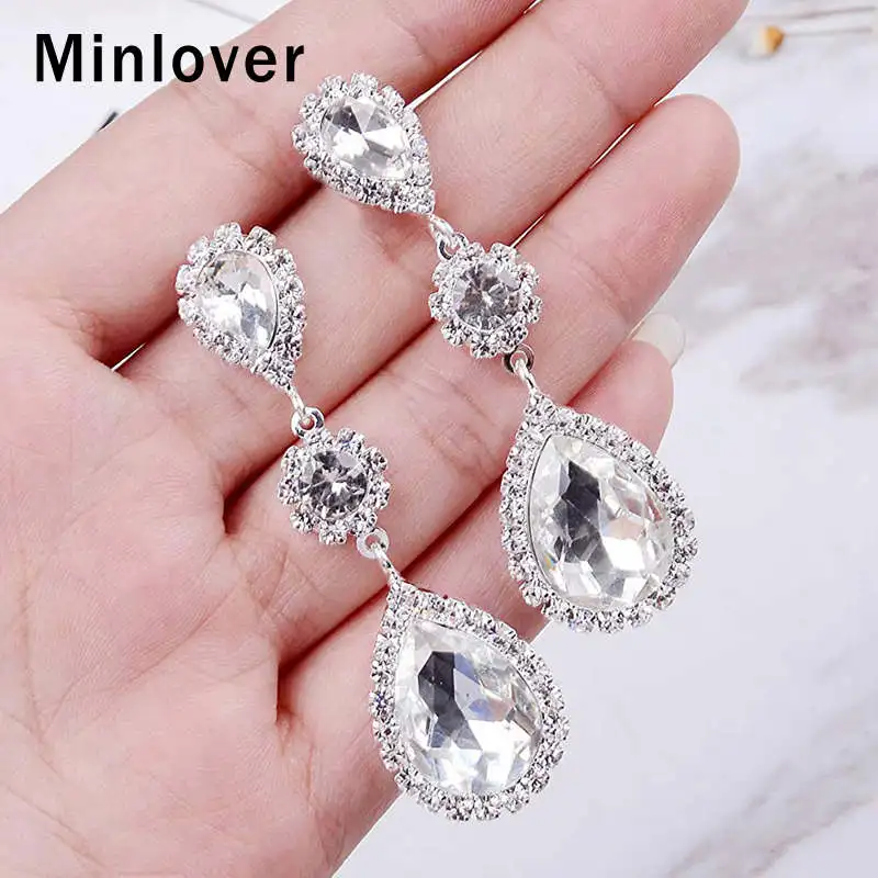 Minlover Модные Новые камни в форме капли серьги для невесты браслет наборы для женщин Серебряный цвет Свадебный комплект ювелирных изделий MEH1682+ SL438