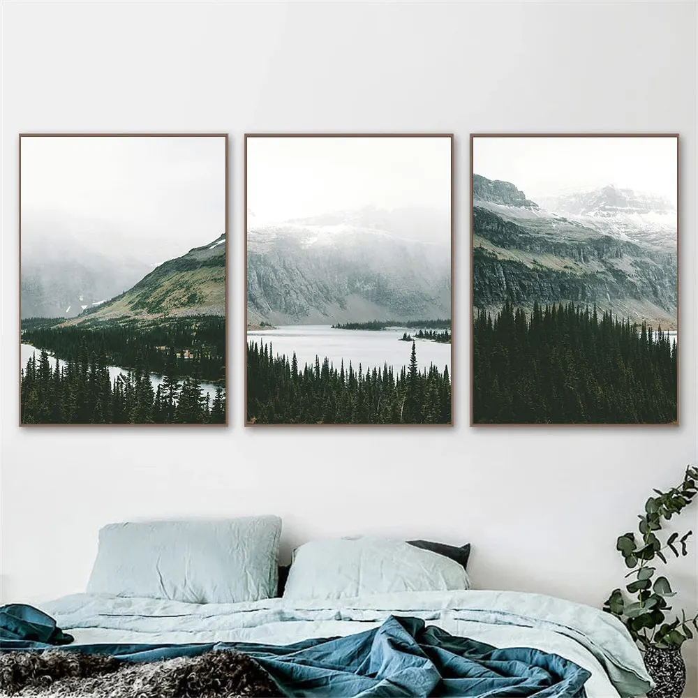 Настенная картина туман снег горы пейзаж на холсте Река Озеро Лес Дерево
