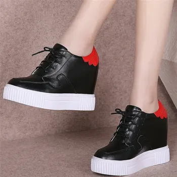 

2020 Casual Shoes Women Genuine Leather Wedges High Heel Vulcanized Shoes Female Round Toe Platform Pumps Shoes Fashion Sneakers