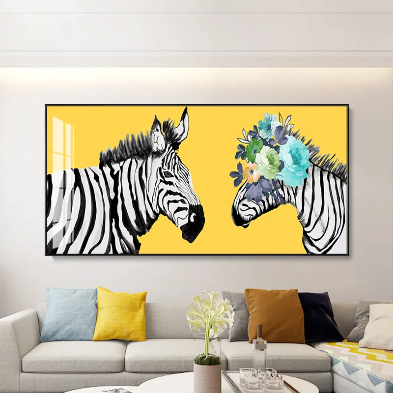 

Yellow Zebra Couples with flowers Canvas Painting Modern Print Poster Animal Wall Art For Living Room Bedroom Decor Abstract