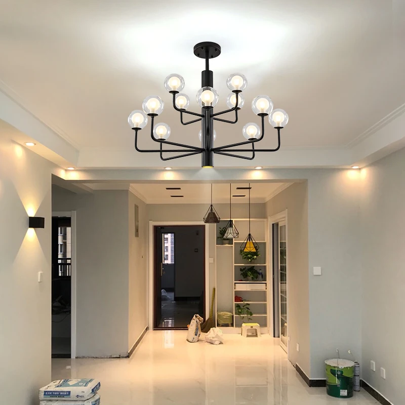 Postmodern luxury Black/Golden LED Chandelier Clear Glass Ball living room hanging lamp Nordic Lobby villa home deco lighting