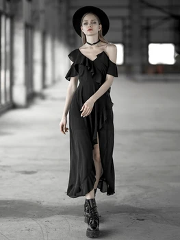 

PR Punk Woven Strap Dress Black Split Fork Leaf Sleeve Dress Summer Chiffon Temperament Female Waist V Neck