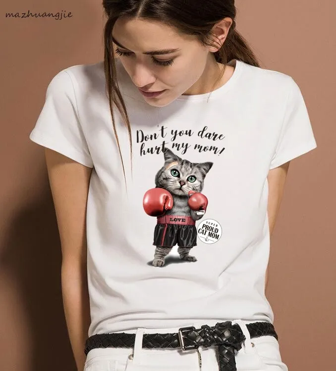 

Women Print Middle Finger Pocket Funny Cat T-shirt summer casual tshirt Cotton Couple tees tops clothing white Tops