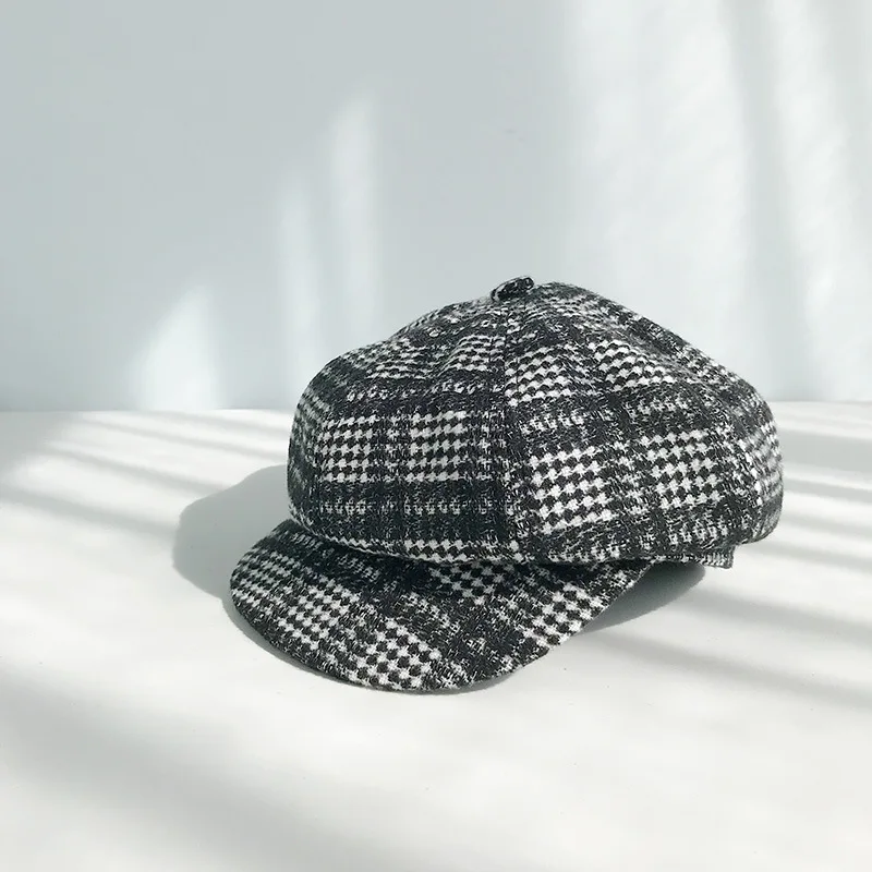 Vintage Newsboy Caps Women Autumn Winter Wool Beret Hat Fashion Octagonal Cap Hats Stylish Artist Painter Plaid Beret Hats - Цвет: B