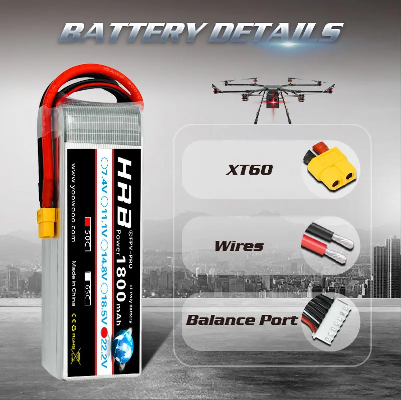 Аккумулятор HRB RC 22 2 в 1800 мАч 50C 6S Lipo с разъемом XT60 AKKU FPV Квадрокоптер Дрон Trex 450 550