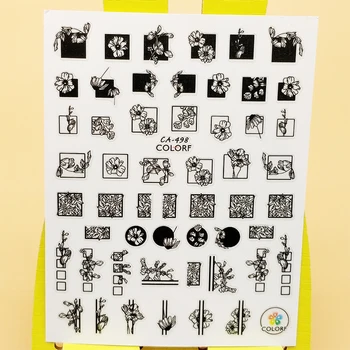 

3D Stickers for Nails Black Line Square Flowers Design Nails Art Decoration Manicure Sticker Decals Slider Nail Foil Accessories