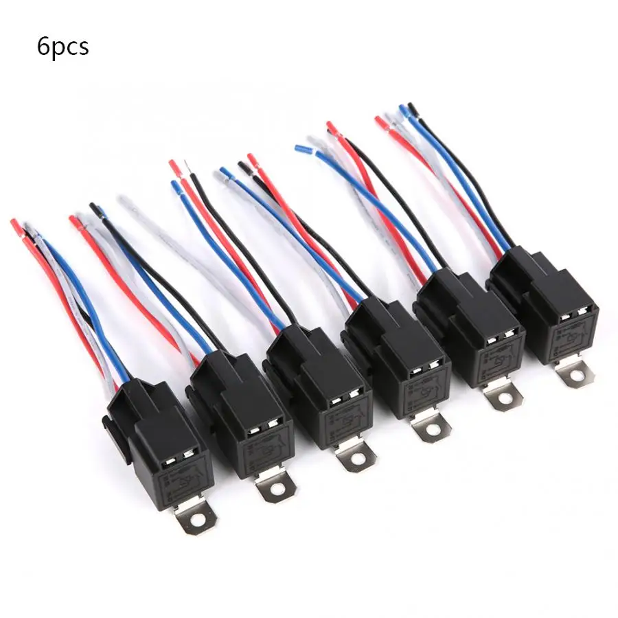 6pcs Car Relay Switch Harness Set 12V 4PIN SPST 30AMP Fuse Holder 14AWG Hot Wire