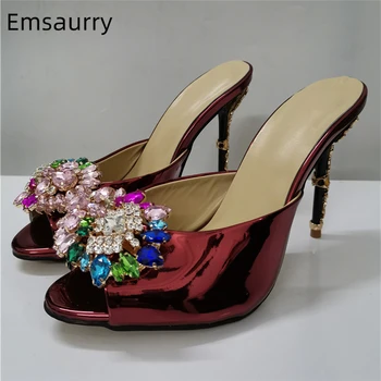 

New Color 2020 Spring Crystal Flower Slippers Women High Heels Color Metal Decor Claret Patent Leather Rhinestone Shoes Woman