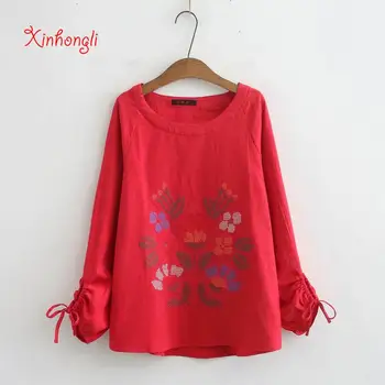 

Plus size Embroidery cotton pullovers women loose blouse 2020 NEW spring autumn red navy gold casual ladies shirts female tops