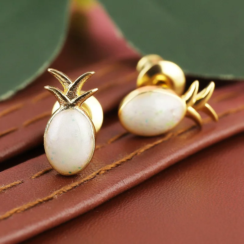 1 pair white opal stud earrings fruit pineapple retro women