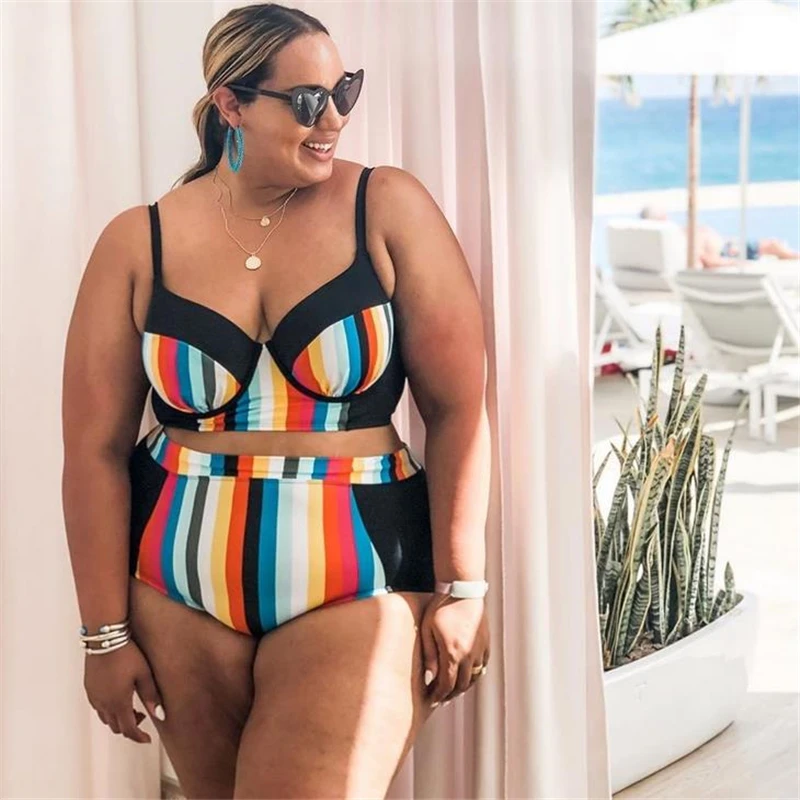 

Summer Brazilian Bikini Women Stripe Print Bikini Set High Waist Swimsuit Push up Padded Swimwear Plus Size Beachwear Biquini