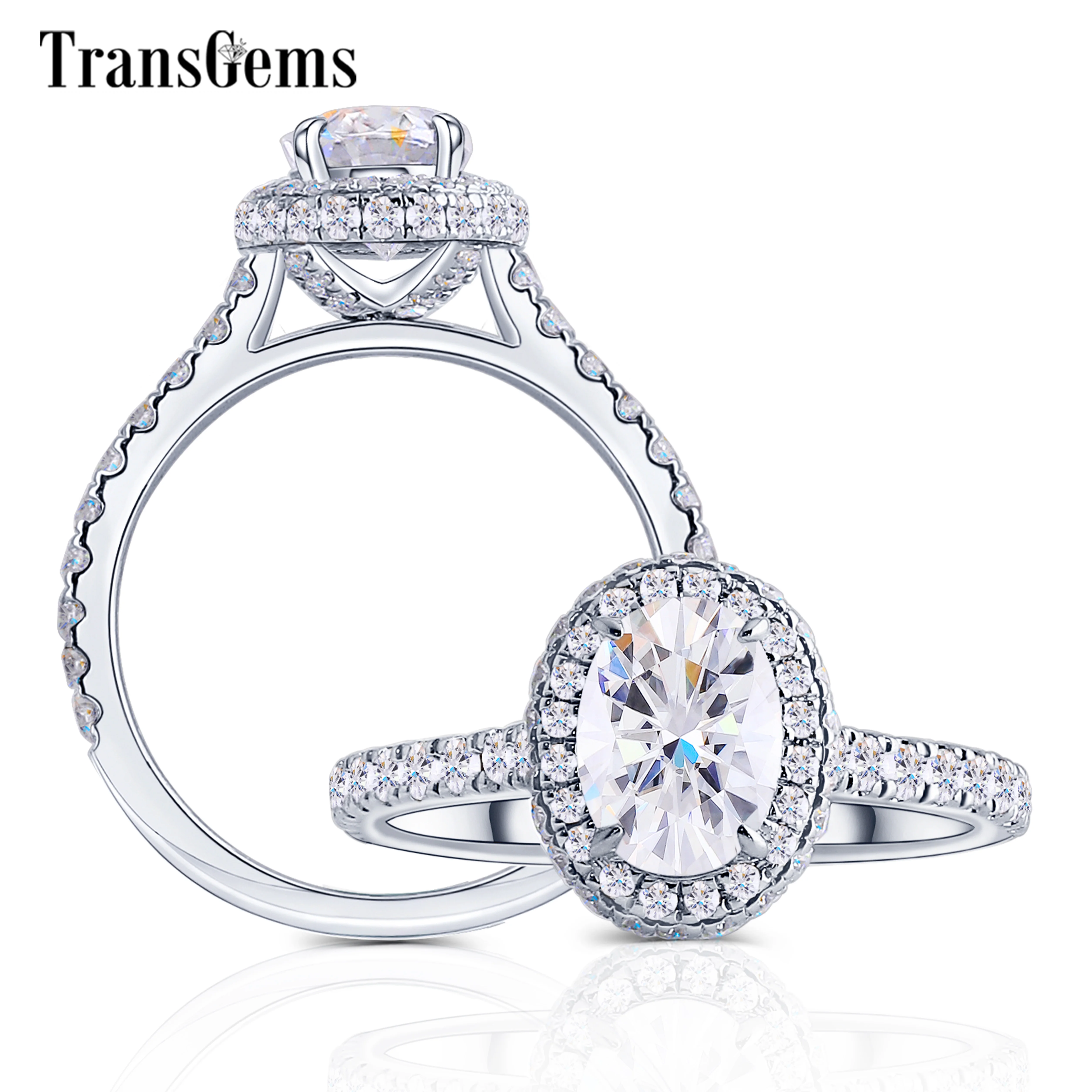 

TransGems Luxury 14K 585 White Gold Center 5*7mm Oval F Color Moissanite Engagement Ring for Women Gold Ring Fine Jewelry