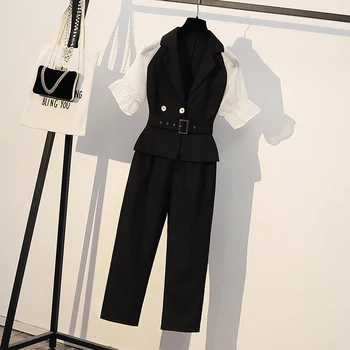 

Large Size Office Lady Suit Two Piece Suits Set 2020 Summer New Fashion Tops and Pants Sets Women Black Casual Pants Suits