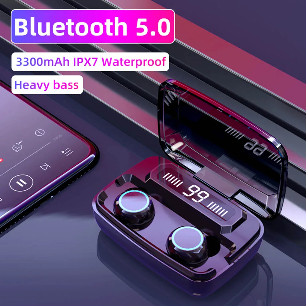 True Wireless Headphones Touch Bluetooth 5 0 Earphone HiFi Heavy Bass Earphones IPX7 Waterproof 3300mAh Charging Box With Mic