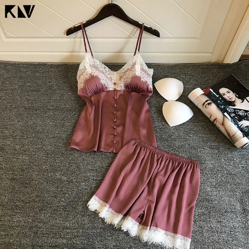 

Women Pajamas Sexy Lingerie Set Push Up Padded Button Down Camisole Wide Leg Eyelash Lace Shorts Solid Color Nightwear