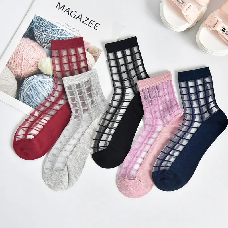 5 Pairs Fashion Mesh Transparent Socks for Women Comfortable Breathable Thin Fishnet See Through Ankle Sock JS25