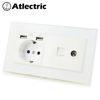 

Atlectric DE EU Plug Wall Socket Dual USB, RJ45, TV Port Double Socket Power Outlet Glass Panel LED Indicator 146mm*86mm