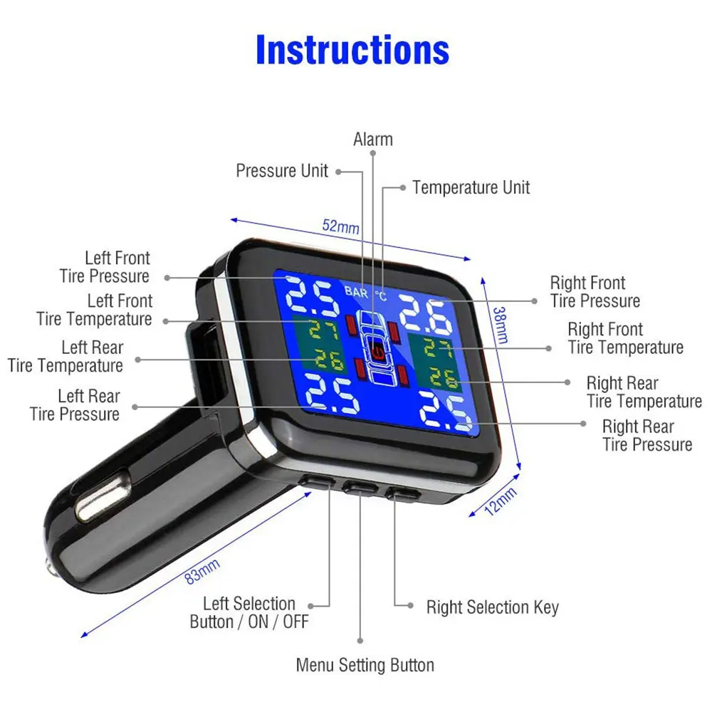 2в1 прикуриватель USB автомобильный TPMS система контроля давления в шинах датчик давления в шинах Температурная сигнализация s ЖК-дисплей