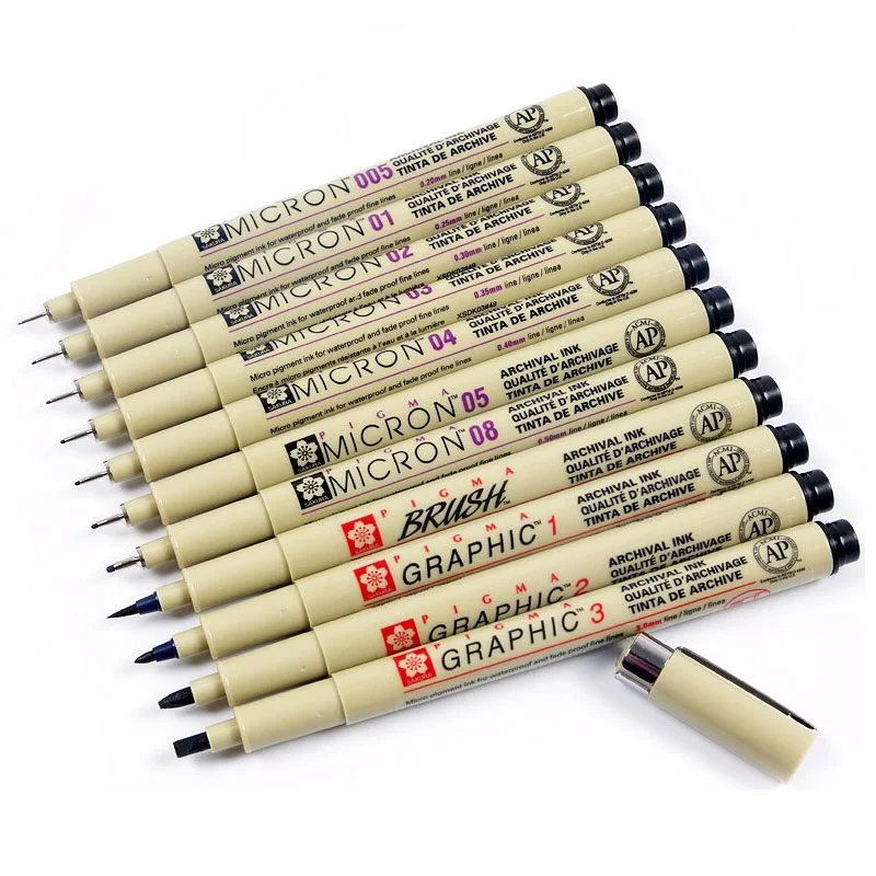 Pigment Liner Pigma Pen Micron Marker Pen 0.05 0.1 0.2 0.3 0.4 0.5 0.8 Brush Different Tip Black Fineliner Sketching 1 Piece