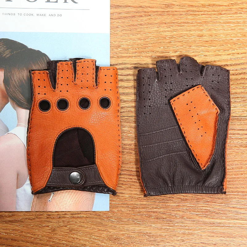 Genuine Leather Men's Semi Finger Gloves Anti-Slip Driving Breathable Fitness High Quality Deerskin Gloves Male D0132-2M