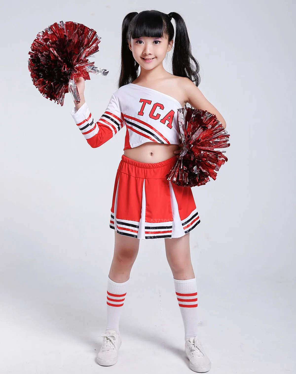 100-170cm Kids Girls Cheerleader Costumes Shoulder Off Vest+ Skirt Student Boys School Uniform Cheerleading Dance Performance