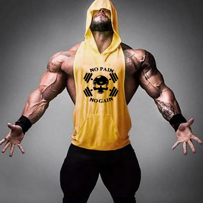 Skull Printing Bodybuilding Hooded Tank Tops men Gyms Stringer Shirt Fitness Tank Top Men Gyms Clothing Cotton Vest Shipping