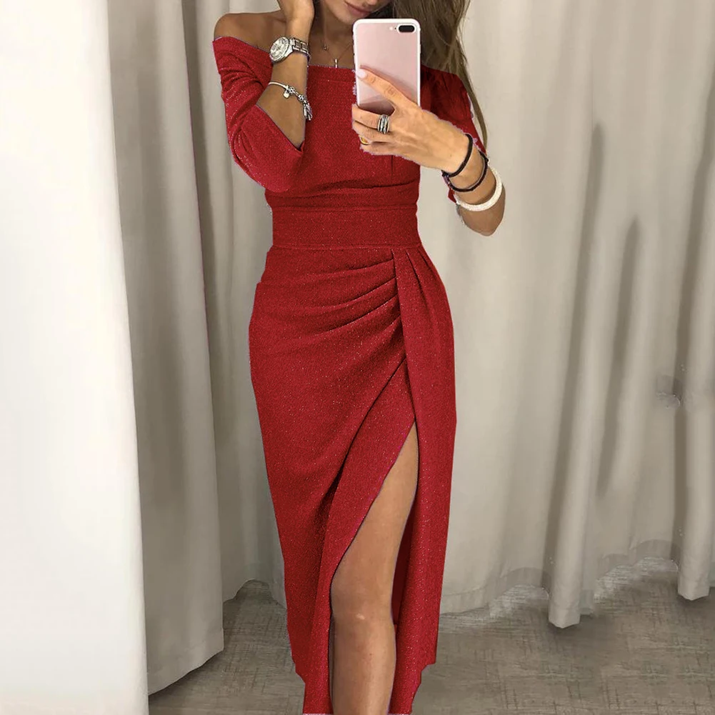 H42e95b9256d346048cceb057b104ad24z New Evening Party Sexy Women Off Shoulder High Split 3/4 Sleeve Bodycon Maxi Dress