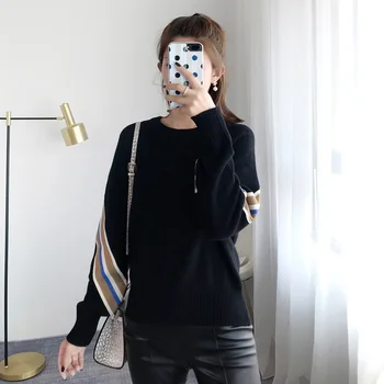 

Autumn Winter Women's Sweater Knitted Striped O-neck Contrast Color Slim Long Sleeve Pullover simiple Tops