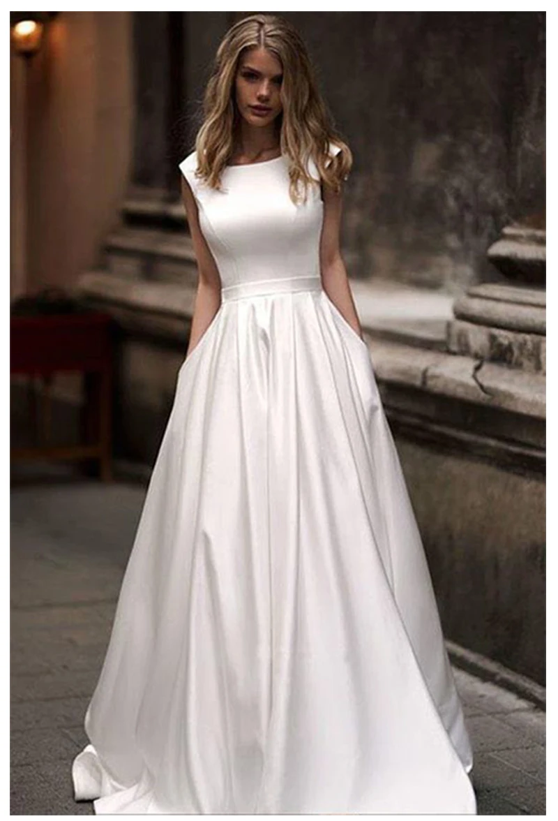 Длинные свадебные платья с карманами Vestido de novia атласные белые свадебные платья без рукавов длиной до пола свадебное платье