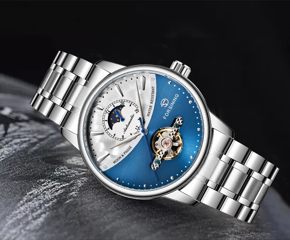 FORSINING Королевский синий Автоматические Мужские часы с турбийоном Moonphase Мужские механические часы черный стальной ремешок часы Relogio Masculino