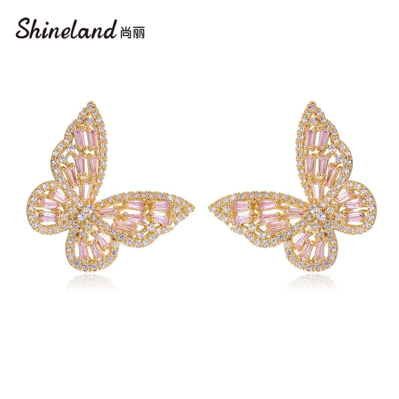

Shineland New Luxury Hollow Shiny Pink Cystal Zircon Butterfly Stud Earrings for Women Girl pendientes mujer Wedding Party Gift