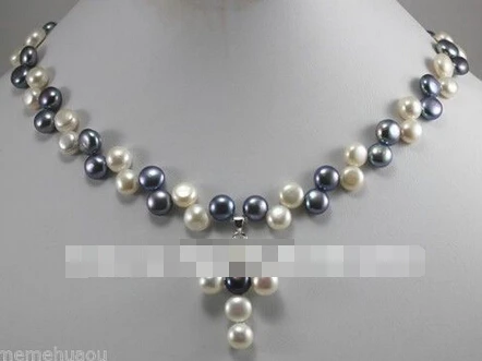 00916 7-8 мм белый и серый Akoya культивированный жемчуг Крест Подвески ожерелье