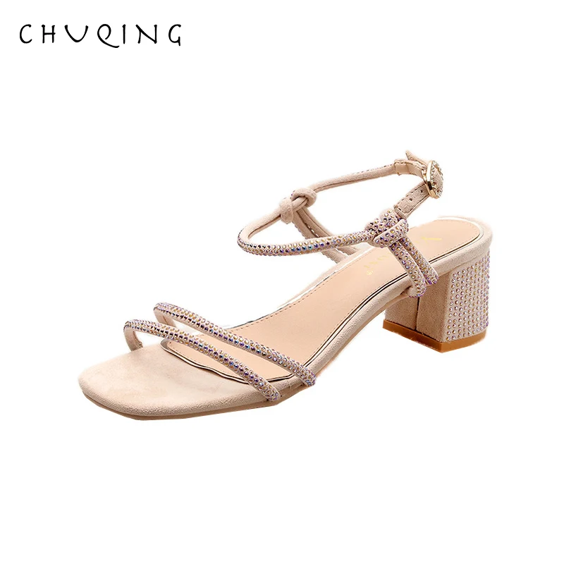 

CHUQING Summer New Wild Fairy Rhinestone Open Toe Thick Sandals with Sweet High Heel Shoes