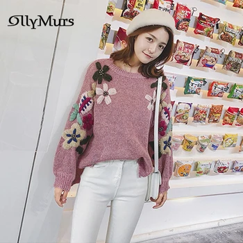 

Female Pink Pullovers Sweaters KM101 Fashion Embroidery Beading Knitting Pullover Ladies Loose Chic O-neck Long Sleeve Tops 2020